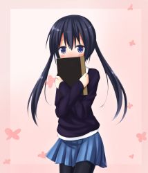 Rule 34 | 1girl, ayanepuna, black hair, black pantyhose, blue eyes, blue skirt, blue sweater, blush, commentary request, covering own mouth, cowboy shot, crossed arms, flower, holding, kin-iro mosaic, komichi aya, long hair, long sleeves, looking at viewer, notebook, pantyhose, pink background, pleated skirt, school uniform, skirt, solo, standing, sweater, twintails