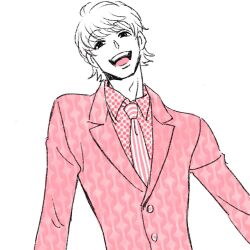 Rule 34 | 1boy, blonde hair, formal, gssy 0, highres, hunter x hunter, long sleeves, looking at viewer, male focus, necktie, pariston hill, polka dot, polka dot shirt, shirt, short hair, simple background, smile, solo, striped necktie, suit, upper body, white background