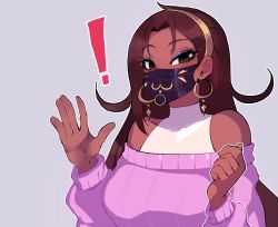 Rule 34 | !, 1girl, artist self-insert, bare shoulders, blue eyeshadow, blue lips, breasts, brown hair, covered mouth, dark-skinned female, dark skin, deepthroat, dildo under mask, earrings, eyeshadow, fellatio, flipped hair, forehead, gagged, gold hairband, grey background, grey eyes, hairband, halterneck, highres, hoop earrings, jewelry, large breasts, lipstick, looking at viewer, makeup, mask, meme, mouth mask, nyantcha, off-shoulder sweater, off shoulder, oral, pink sweater, real life, ribbed sweater, ring pull, slit pupils, solo, stealth fellatio, stealth sex, surgical mask, sweater, tsona (nyantcha), waving