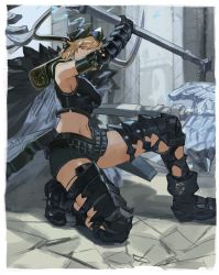 Rule 34 | 1girl, arm up, armor, axe, battle axe, blonde hair, boobplate, boots, breastplate, breasts, cape, clothing cutout, cuisses, djeeta (granblue fantasy), dual wielding, elbow pads, fake horns, fur-trimmed cape, fur trim, gauntlets, granblue fantasy, greaves, hashibiro kou (garapiko p), helmet, highres, holding, holding axe, horned helmet, horns, huge weapon, looking at viewer, midriff, navel, on one knee, short hair, shoulder cutout, sideboob, solo, viking (granblue fantasy), weapon
