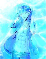 Rule 34 | 1boy, abs, blue theme, commentary request, cowboy shot, cowlick, free!, hair between eyes, hood, hood up, hoodie, looking at viewer, male focus, monochrome, nanase haruka (free!), navel, norapeko, parted lips, short hair, shorts, solo, toned, toned male