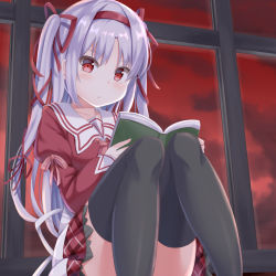 Rule 34 | 1girl, black thighhighs, book, character request, closed mouth, cloud, cloudy sky, copyright request, feet out of frame, fingernails, hair between eyes, hair ribbon, hairband, holding, holding book, juliet sleeves, keiran (ryo170), knees up, long hair, long sleeves, looking at viewer, nail polish, open book, pink nails, plaid, plaid skirt, pleated skirt, puffy sleeves, red eyes, red hairband, red ribbon, red shirt, red skirt, red sky, ribbon, sailor collar, school uniform, serafuku, shirt, sidelocks, silver hair, sitting, skirt, sky, sleeves past wrists, solo, thighhighs, two side up, very long hair, white sailor collar, window