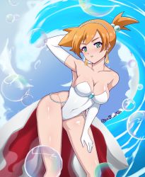 Rule 34 | 1girl, arm behind head, armpits, breasts, cleavage, cosplay, covered navel, creatures (company), diadem, elbow gloves, game freak, gen 1 pokemon, gloves, goldeen, goldeen (cosplay), green eyes, hair ornament, hand on leg, hand on own leg, hand on own thigh, hand on thigh, high heels, highres, large breasts, leaning forward, leotard, looking at viewer, misty (pokemon), nintendo, parted lips, pokemon, pokemon (anime), pokemon (classic anime), pokemon ep043, showgirl skirt, solo, white footwear, white leotard