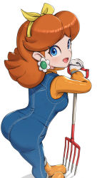 Rule 34 | 1girl, alternate costume, ass, blue eyes, blush, boots, breasts, earrings, from behind, gonzarez, hair ribbon, hairband, highres, jewelry, leaning, leaning forward, looking at viewer, looking back, mario (series), mario kart, mario kart tour, medium breasts, medium hair, nintendo, open mouth, orange hair, overalls, princess daisy, rake, ribbon, sideboob, smile, solo, tomboy