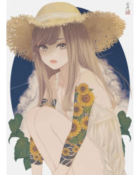 Rule 34 | 1girl, absurdres, arm tattoo, border, brown eyes, cloud, dress, flower, hat, highres, light brown hair, lips, long hair, looking at viewer, original, plant, sky, sleeveless, solo, squatting, straw hat, sunflower, tattoo, ushiyama ame