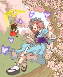 Rule 34 | 2girls, bow, brown hair, bug, butterfly, cherry blossoms, clog sandals, detached sleeves, female focus, hair bow, hakurei reimu, hat, highres, insect, japanese clothes, miko, mor11, mor (morfowfow), multiple girls, okobo, pink eyes, pink hair, saigyouji yuyuko, sandals, short hair, touhou