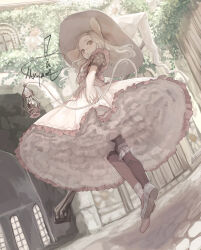 Rule 34 | 1girl, animal ears, brown eyes, brown thighhighs, dress, full body, hat, holding, holding staff, lantern, long hair, looking at viewer, mizutame tori, mouse ears, mouse girl, mouse tail, original, outdoors, staff, tail, thighhighs, white dress, white footwear, white hair, white hat, witch, witch hat