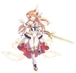 Rule 34 | 1girl, armor, blush, breastplate, breasts, brown hair, cygames, frills, hair ornament, highres, long hair, looking at viewer, nozomi (princess connect!), official art, one eye closed, open mouth, orange eyes, princess connect!, smile, solo, standing, sword, thighhighs, weapon, white thighhighs