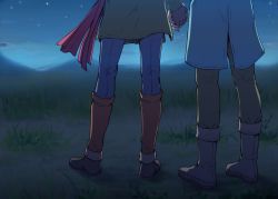 Rule 34 | 2boys, ankle boots, bad id, bad pixiv id, blue pants, boots, brown footwear, camus (dq11), commentary request, dragon quest, dragon quest xi, fingerless gloves, from behind, gloves, grass, green jacket, holding hands, hero (dq11), jacket, lower body, male focus, mondi hl, multiple boys, night, night sky, outdoors, pants, red scarf, scarf, sky, standing, yaoi