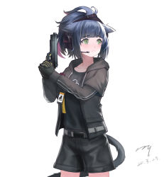 Rule 34 | 1girl, animal ears, arknights, black gloves, black hair, black shirt, black shorts, blunt bangs, blush, breasts, cat ears, cat tail, collarbone, commentary request, drawstring, feet out of frame, frown, gloves, green eyes, grey jacket, gun, handgun, hands up, headgear, headset, high ponytail, highres, holding, holding gun, holding weapon, hood, hood down, hooded jacket, id card, jacket, jessica (arknights), long hair, long sleeves, looking to the side, medium breasts, multicolored hair, open clothes, open jacket, photoshop (medium), pink hair, pistol, ponytail, shirt, shorts, sidelocks, signature, simple background, solo, standing, tachi-e, tail, trigger discipline, two-tone hair, weapon, white background, zzq
