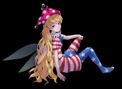 Rule 34 | 1girl, american flag dress, american flag pants, american flag print, arm up, black background, blonde hair, blush, closed mouth, clownpiece, dress, fairy wings, from side, hair between eyes, hand on own knee, hand up, hat, himuhino, jester cap, long hair, looking at viewer, neck ruff, no shoes, pants, pink hat, polka dot, print pants, purple eyes, short sleeves, simple background, sitting, smile, solo, star (symbol), star print, striped clothes, striped dress, striped pants, touhou, transparent wings, wings