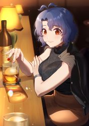 Rule 34 | 1girl, antenna hair, black jacket, black shirt, blurry, blurry background, bottle, bracelet, breasts, closed mouth, commentary, cup, floral print, hand on own arm, high-waist skirt, highres, idolmaster, idolmaster million live!, indoors, jacket, jacket on shoulders, jewelry, kamille (vcx68), lamp, large breasts, light blush, light smile, looking at viewer, parted bangs, purple hair, shirt, short hair, skirt, sleeveless, sleeveless shirt, solo, toyokawa fuka, turtleneck, wine bottle