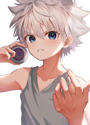Rule 34 | 1boy, bare shoulders, blue eyes, child, commentary, commentary request, grey shirt, hair between eyes, highres, hunter x hunter, killua zoldyck, looking at viewer, male focus, pentagram, shirt, short hair, simple background, solo, spiked hair, tank top, teeth, usami (usami l), white hair, yo-yo