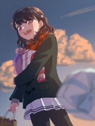 Rule 34 | 1girl, artist request, black hair, black jacket, black pantyhose, blurry, blurry foreground, box, cloud, commentary request, fang, flower, fukumaru koito, gift, gift box, hair down, hair flower, hair ornament, highres, idolmaster, idolmaster shiny colors, jacket, long hair, long sleeves, looking at viewer, miniskirt, open mouth, pantyhose, red scarf, scarf, skirt, sky, solo, swept bangs, twilight, white skirt