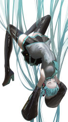 Rule 34 | 1girl, absurdly long hair, absurdres, aqua hair, aqua necktie, arms up, black footwear, black skirt, boots, breasts, closed eyes, covered mouth, detached sleeves, entangled, eyelashes, grey shirt, hair ornament, hanging, hatsune miku, high heel boots, high heels, highres, long hair, miniskirt, muu (muu shiromiya), necktie, pleated skirt, shirt, simple background, skirt, sleeves past fingers, sleeves past wrists, solo, thigh boots, thighhighs, twintails, untucked shirt, upside-down, very long hair, vocaloid, white background, zettai ryouiki