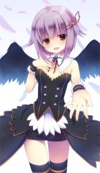 Rule 34 | 10s, 1girl, :d, bad id, bad pixiv id, black wings, blush, brown eyes, feathers, hair ornament, hairclip, hand on own chest, idolmaster, idolmaster cinderella girls, kanora, koshimizu sachiko, open mouth, outstretched hand, purple hair, short hair, smile, solo, thighhighs, wings, wrist cuffs