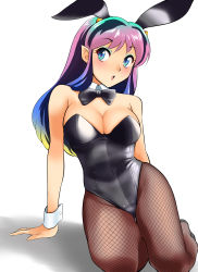 Rule 34 | 1girl, absurdres, animal ears, arm support, black bow, black bowtie, black leotard, black pantyhose, blue eyes, bow, bowtie, breasts, cleavage, commentary request, cone horns, detached collar, fake animal ears, fishnet pantyhose, fishnets, gradient hair, highres, horns, leotard, looking at viewer, lum, medium breasts, multicolored hair, nanao futaba, pantyhose, playboy bunny, pointy ears, rabbit ears, simple background, sitting, solo, strapless, strapless leotard, urusei yatsura, white background, wrist cuffs, yokozuwari