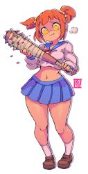 Rule 34 | 1girl, :3, anger vein, angry, artist name, baseball bat, blood, blue sailor collar, blue skirt, blush, breasts, breath, brown footwear, character cutout, closed mouth, collarbone, crop top, drop shadow, empty eyes, female focus, full body, hair ornament, hair scrunchie, hands up, happy, highres, holding, holding weapon, light blush, long sleeves, looking down, midriff, miniskirt, mole, mole under eye, nail, nail bat, navel, neckerchief, no pants, orange hair, outline, pleated skirt, poptepipic, popuko, red neckerchief, sailor collar, school uniform, scrunchie, serafuku, shiny skin, shirt, shoes, short hair, sidelocks, signature, simple background, skirt, small breasts, smile, socks, solo, standing, starmilk, stomach, thick thighs, thighs, transparent background, two-handed, two side up, weapon, white outline, white shirt, white socks, wide hips, yellow eyes