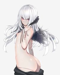 Rule 34 | 1girl, ass, breasts, closed mouth, cowboy shot, from side, hand in own hair, highres, long hair, looking at viewer, nipples, red eyes, rozen maiden, simple background, small breasts, solo, standing, suigintou, topless, tousen, white background, white hair