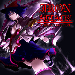 Rule 34 | 1girl, album cover, bad id, bad pixiv id, blue hair, cover, electric guitar, female focus, fender (company), fender stratocaster, guitar, hat, instrument, nagae iku, open clothes, open shirt, red eyes, rondo umigame, shawl, shirt, short hair, solo, strat (guitar), touhou