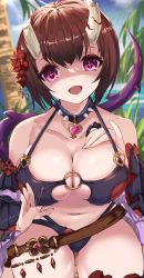 Rule 34 | + +, 1girl, :d, absurdres, bad id, bad pixiv id, beach, bikini, blue sky, breasts, broken horn, cleavage, cloud, collar, collarbone, day, demon girl, demon horns, eriko (princess connect!), eriko (summer) (princess connect!), halterneck, hand on own chest, hand under clothes, hand under swimsuit, heart collar, highres, horns, lap pillow, large breasts, light blush, looking at viewer, maou (maoudaisukiya), multi-strapped bikini bottom, navel, o-ring, o-ring bikini, ocean, open mouth, outdoors, palm tree, princess connect!, purple eyes, sand, short hair, sky, smile, spiked collar, spiked tail, spikes, swimsuit, tail, tree