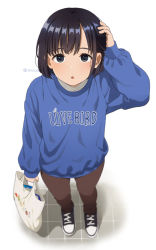 Rule 34 | 1girl, arm up, bag, black footwear, black hair, blue sweater, blush, brown eyes, brown pants, clothes writing, commentary request, english text, foreshortening, from above, full body, holding, holding bag, long sleeves, looking at viewer, looking up, mattaku mousuke, mole, mole under eye, original, pants, shopping bag, short hair, simple background, solo, standing, sweater, twitter username, white background