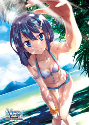 Rule 34 | 10s, 1girl, ange vierge, bare shoulders, beach, bikini, bikini shorts, breasts, cleavage, cloud, collarbone, copyright name, day, front-tie bikini top, front-tie top, hair ornament, hairclip, leaning forward, logo, looking at viewer, medium breasts, navel, ocean, official art, outdoors, palm tree, shiny skin, short hair, shorts, smile, solo, sunlight, swimsuit, tree