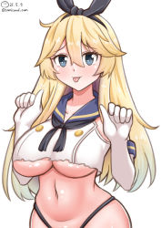 Rule 34 | 1girl, black hairband, black neckerchief, black panties, blonde hair, blue eyes, blue sailor collar, breasts, cosplay, cowboy shot, crop top, elbow gloves, gloves, hairband, highleg, highleg panties, iowa (kancolle), kantai collection, large breasts, long hair, neckerchief, panties, sailor collar, shimakaze (kancolle), shimakaze (kancolle) (cosplay), shiromaru (maniado), simple background, solo, tongue, tongue out, torn clothes, underboob, underwear, white background, white gloves