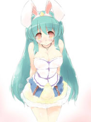 Rule 34 | 1girl, animal ears, aqua hair, arms behind back, player character (mabinogi), bare shoulders, blush, breasts, character request, cleavage, embarrassed, fake animal ears, jewelry, large breasts, long hair, mabinogi, necklace, orange eyes, petenshi (dr. vermilion), rabbit ears, skirt, solo, standing