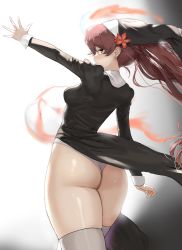 Rule 34 | 1girl, absurdres, ass, back, black dress, blush, breasts, brown hair, dolri, dress, flower, genshin impact, habit, hair flower, hair ornament, highres, hu tao (genshin impact), long hair, looking at viewer, looking back, outstretched arm, panties, red eyes, small breasts, symbol-shaped pupils, thighhighs, twintails, underwear, very long hair, white panties, white thighhighs, wind, wind lift, wrist cuffs