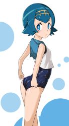 Rule 34 | 1girl, adjusting clothes, adjusting swimsuit, ass, bad id, bad pixiv id, bare arms, bare legs, blue eyes, blue hair, blue sailor collar, blush, creatures (company), game freak, hairband, lana (pokemon), looking at viewer, matching hair/eyes, nintendo, one-piece swimsuit, petite, pocari sweat (artist), pokemon, pokemon sm, polka dot, polka dot background, sailor collar, shirt, short hair, sleeveless, sleeveless shirt, solo, swimsuit, swimsuit under clothes, trial captain