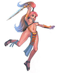 Rule 34 | action, amazon warrior, armpits, bag, battle, blue eyes, blue outfit, bracelet, breasts, fighting, jewelry, jumping, kano-kun, loincloth, mordheim, multicolored hair, no panties, sandals, sword, underboob, warhammer, weapon