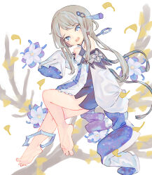 Rule 34 | 1girl, bare legs, bare shoulders, barefoot, blue dress, blue eyes, blush, chaosexceed, chinese clothes, detached sleeves, dot nose, dress, falling leaves, flower, flying, from side, full body, genshin impact, grey hair, guizhong (genshin impact), hair ornament, highres, leaf, long hair, long sleeves, open mouth, ponytail, sidelocks, sleeves past wrists, smile, soles, solo, toes, white dress