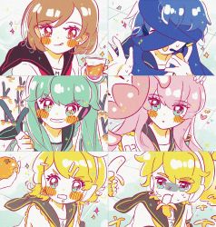 Rule 34 | 2boys, 5girls, :p, aqua eyes, aqua hair, banana, banana peel, bare shoulders, bass clef, bishoujo senshi sailor moon, bishoujo senshi sailor moon s, black collar, blonde hair, blouse, blue collar, blue scarf, blush stickers, brown hair, collar, commentary, covered face, cup, derivative work, detached sleeves, drooling, eating, english commentary, expressionless, food, fruit, giving, grey shirt, grin, hair ornament, hairclip, hand up, hatsune miku, headphones, headset, highres, holding, holding cup, holding food, holding fruit, holding spring onion, holding vegetable, kagamine len, kagamine rin, kaito (vocaloid), long hair, megurine luka, meiko (vocaloid), melling rl, meme, mouth drool, mouth hold, multiple boys, multiple girls, open mouth, orange (fruit), outstretched hand, parody, parted lips, pink hair, portrait, sailor collar, sailor moon redraw challenge (meme), scarf, school uniform, serafuku, shirt, short hair, shoulder tattoo, sleeveless, sleeveless shirt, smile, sparkle, spring onion, sweat, swept bangs, takoluka, tattoo, tongue, tongue out, treble clef, turn pale, twintails, v-shaped eyebrows, vegetable, vocaloid, white shirt