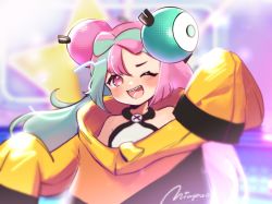 Rule 34 | 1girl, ;d, blurry, blush, character hair ornament, commentary request, creatures (company), eyelashes, game freak, green hair, hair ornament, highres, iono (pokemon), jacket, long hair, nintendo, niupao, one eye closed, open mouth, pink eyes, pink hair, pokemon, pokemon sv, sharp teeth, shirt, signature, sleeveless, sleeveless shirt, sleeves past fingers, sleeves past wrists, smile, solo, teeth, tongue, upper body, upper teeth only, white shirt, yellow jacket