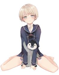 Rule 34 | 10s, 1girl, ao68, bad id, bad pixiv id, barefoot, bird, blue eyes, blush, bottomless, dress, full body, kantai collection, long sleeves, looking at viewer, penguin, sailor collar, sailor dress, short hair, silver hair, simple background, sitting, solo, wariza, white background, z1 leberecht maass (kancolle)