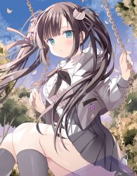 :o absurdres aqua_eyes black_hair blush bow bowtie breasts chain clothing_request gesture_request grey_socks grey_shirt grey_skirt hair_ribbon highres hip_focus holding holding_chain hoshino_koucha kneehighs large_breasts long_hair looking_at_viewer outdoors panties ribbon shirt sitting skirt socks solo swing tagme thighs tree twintails underwear