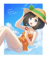 Rule 34 | 1girl, :d, black hair, blue eyes, blue sky, cloud, creatures (company), day, game freak, hand on headwear, hat, highres, holding, holding poke ball, looking at viewer, miu (miuuu 721), nintendo, open mouth, orange shirt, poke ball, poke ball (basic), pokemon, pokemon usum, selene (pokemon), shirt, short hair, shorts, sky, smile, solo, sun hat, tank top, white shorts
