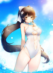 Rule 34 | 1girl, azur lane, bad id, bad pixiv id, black hair, blue sky, bow, brown eyes, casual one-piece swimsuit, cloud, cowboy shot, criss-cross halter, day, finger to mouth, flower, hair bow, hair flaps, hair flower, hair ornament, halterneck, long hair, looking at viewer, one-piece swimsuit, outdoors, ponytail, ribbon, sky, solo, swimsuit, takao (azur lane), takao (beach rhapsody) (azur lane), tp (kido 94), white bow, white one-piece swimsuit, white ribbon