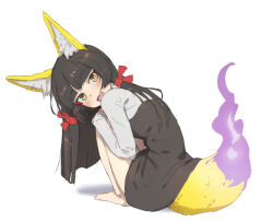 Rule 34 | 1girl, :3, aged down, animal ear fluff, animal ears, barefoot, black dress, brown hair, dress, fang, fire, flame-tipped tail, fox ears, fox girl, fox girl (mdf an), fox tail, full body, hair ribbon, hime cut, hugging own legs, kitsune, long hair, looking at viewer, looking back, mdf an, original, purple fire, red ribbon, ribbon, shirt, simple background, sketch, slit pupils, solo, squatting, tail, white shirt, yellow fur