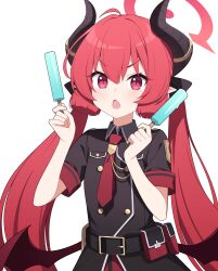 Rule 34 | 1girl, black horns, black ribbon, blue archive, blush, child (isoliya), fang, food, hair between eyes, hair ribbon, halo, highres, holding, holding food, holding popsicle, horns, junko (blue archive), long hair, looking at viewer, low wings, necktie, open mouth, pointy ears, popsicle, red eyes, red hair, red necktie, red wings, ribbon, short sleeves, simple background, skin fang, solo, twintails, very long hair, white background, wings