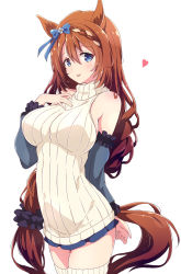 Rule 34 | 1girl, :p, animal ears, black scrunchie, blue bow, blue eyes, bow, braid, braided bangs, breasts, brown hair, detached sleeves, front braid, hair between eyes, hair bow, hair ornament, hair scrunchie, highres, horse ears, horse girl, horse tail, large breasts, long hair, looking at viewer, mel (melty pot), scrunchie, simple background, sleeveless, sleeveless sweater, solo, super creek (umamusume), sweater, tail, thighs, tongue, tongue out, turtleneck, turtleneck sweater, umamusume, very long hair, white background, white sweater