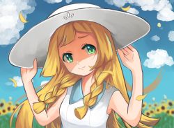 Rule 34 | 1girl, alternate color, bad id, bad pixiv id, blonde hair, braid, breasts, closed mouth, commentary request, creatures (company), day, drifloon, drifloon (cameo), flower, game freak, gen 4 pokemon, green eyes, hands on headwear, hat, head tilt, lillie (pokemon), long hair, looking at viewer, nintendo, outdoors, ozaki sakuma, pokemon, pokemon (creature), pokemon sm, shiny pokemon, shirt, sleeveless, sleeveless shirt, small breasts, solo focus, sunflower, twin braids, upper body, white hat, white shirt, yellow theme