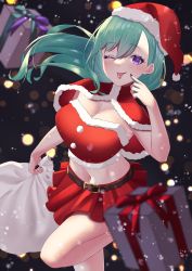 Rule 34 | 1girl, ;p, belt, black nails, blush, box, breasts, brown belt, capelet, christmas, cleavage, finger to cheek, fur-trimmed capelet, fur-trimmed headwear, fur trim, gift, gift box, green hair, hat, highres, holding, holding sack, komito (komito5310), large breasts, long hair, looking at viewer, midriff, miniskirt, mole, mole on breast, nail polish, navel, one eye closed, pleated skirt, purple eyes, red capelet, red shirt, red skirt, sack, santa costume, santa hat, shirt, skirt, skirt set, smile, solo, strapless, swept bangs, tongue, tongue out, tube top, virtual youtuber, vspo!, wind, yakumo beni