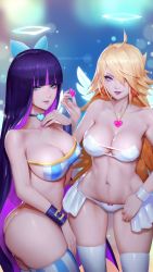 Rule 34 | angel wings, ass, blonde hair, blue eyes, blue hair, blunt bangs, bottomless, breasts, choker, cleavage, gainax, hair over one eye, halo, highres, jewelry, large breasts, long hair, looking at viewer, multicolored hair, navel, necklace, panties, panty &amp; stocking with garterbelt, panty (psg), purple hair, shiny skin, smile, standing, stocking (psg), striped legwear, thighhighs, two-tone hair, underwear, white panties, wings, zeronis