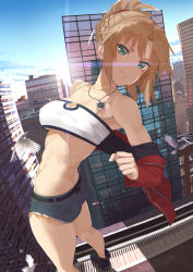 Rule 34 | 1girl, ass, bird, boots, braid, breasts, brown hair, building, cleavage, closed mouth, denim, denim shorts, fate/grand order, fate (series), fisheye, green eyes, highres, jewelry, light smile, looking at viewer, medium breasts, micro shorts, mordred (fate), mordred (fate/apocrypha), mordred (memories at trifas) (fate), necklace, off shoulder, outdoors, short ponytail, short shorts, shorts, skyscraper, solo, spaghetti strap, standing, strapless, sunlight, throtem, tube top, twisted torso, underboob