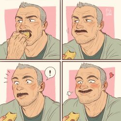 Rule 34 | !, 1boy, aaron gruber (o natsuo88), bara, beard stubble, blush, chewing, eating, facial hair, facial scar, food, green jacket, green shirt, grey hair, happy, heart, highres, holding, holding food, jacket, looking down, looking to the side, male focus, mature male, multiple views, mustache, o natsuo88, old, old man, original, receding hairline, scar, scar on cheek, scar on face, shirt, short hair, simple background, smile, speech bubble, stubble, surprised, thick eyebrows, thick mustache, wrinkled skin