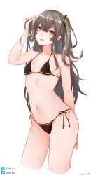 Rule 34 | 1girl, absurdres, arm up, bare arms, bare shoulders, bikini, black bikini, black ribbon, breasts, brown hair, collarbone, cropped legs, girls&#039; frontline, hand in own hair, highres, long hair, looking at viewer, navel, one side up, parted lips, pixiv id, pixiv logo, ribbon, scar, scar across eye, scar on face, side-tie bikini bottom, simple background, small breasts, smile, solo, stomach, swimsuit, twitter logo, twitter username, ump45 (girls&#039; frontline), very long hair, white background, yellow eyes, zarsy