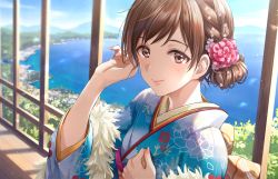 Rule 34 | 1girl, breasts, brown eyes, brown hair, day, flower, hair flower, hair ornament, highres, idolmaster, japanese clothes, kimono, looking at viewer, medium breasts, nitta minami, outdoors, short hair, solo, upper body, zattape
