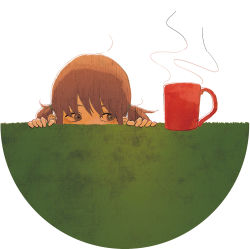 Rule 34 | 1girl, brown eyes, brown hair, cup, hiding, joze, looking to the side, mug, original, peeking, short hair, simple background, solo, staring, steam, twintails, upper body, white background